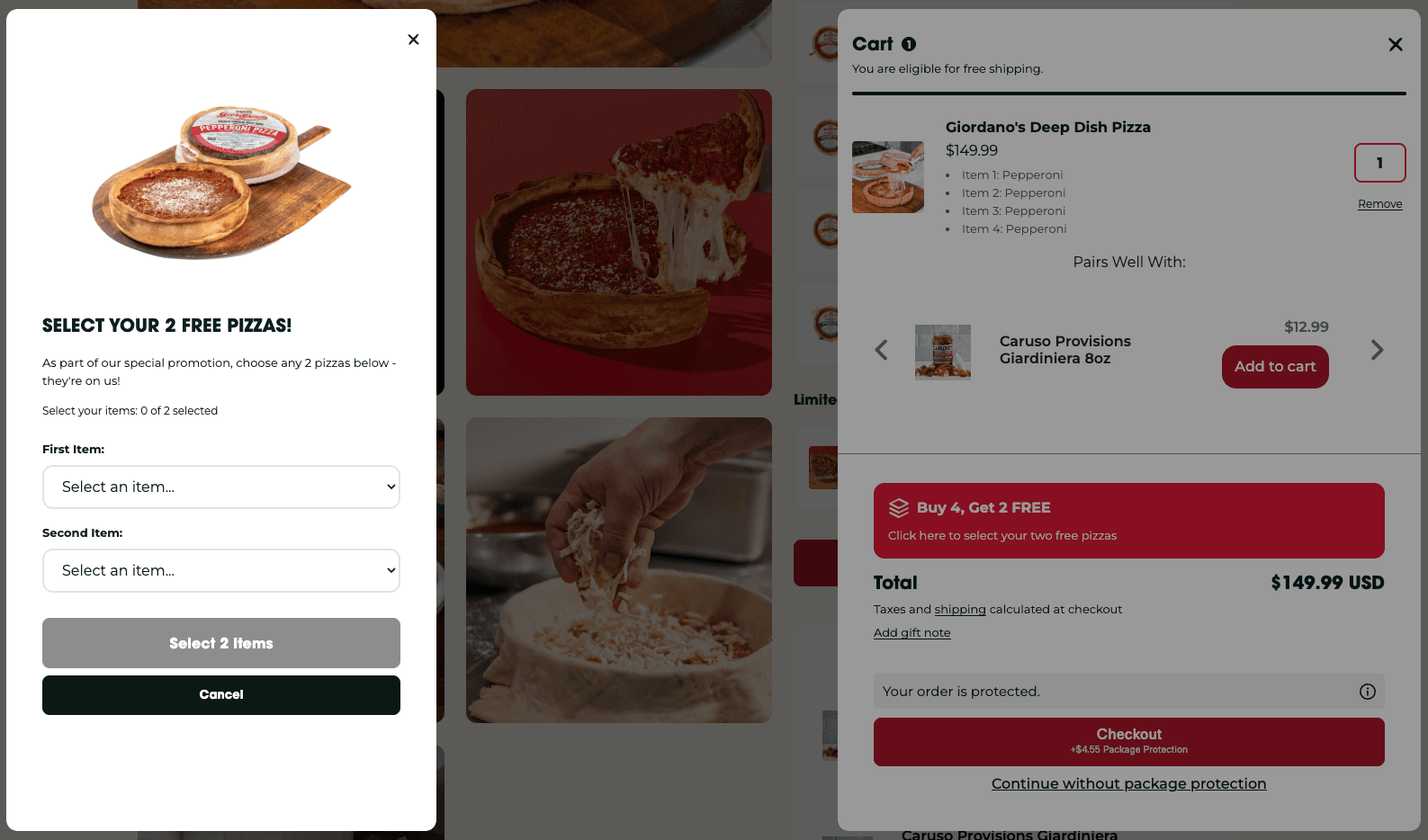 Giordano's 'Buy 4, Get 2 FREE' BOGO promotion, with a modal to choose the free pizzas, built on Flex Bundles