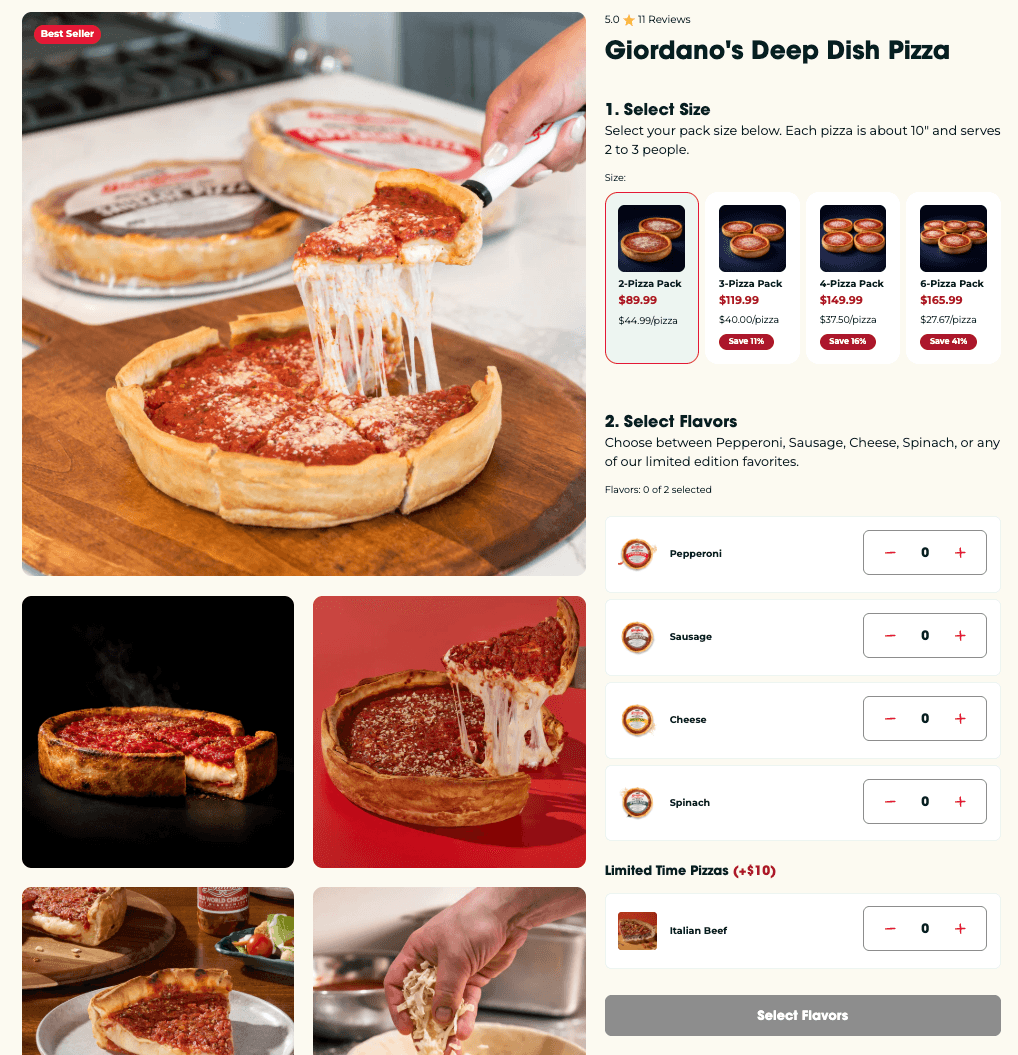 Giordano's Build Your Own deep dish pizza bundle: select a pack size, then a quantity of each flavor, with a limited-time pizza for an upcharge