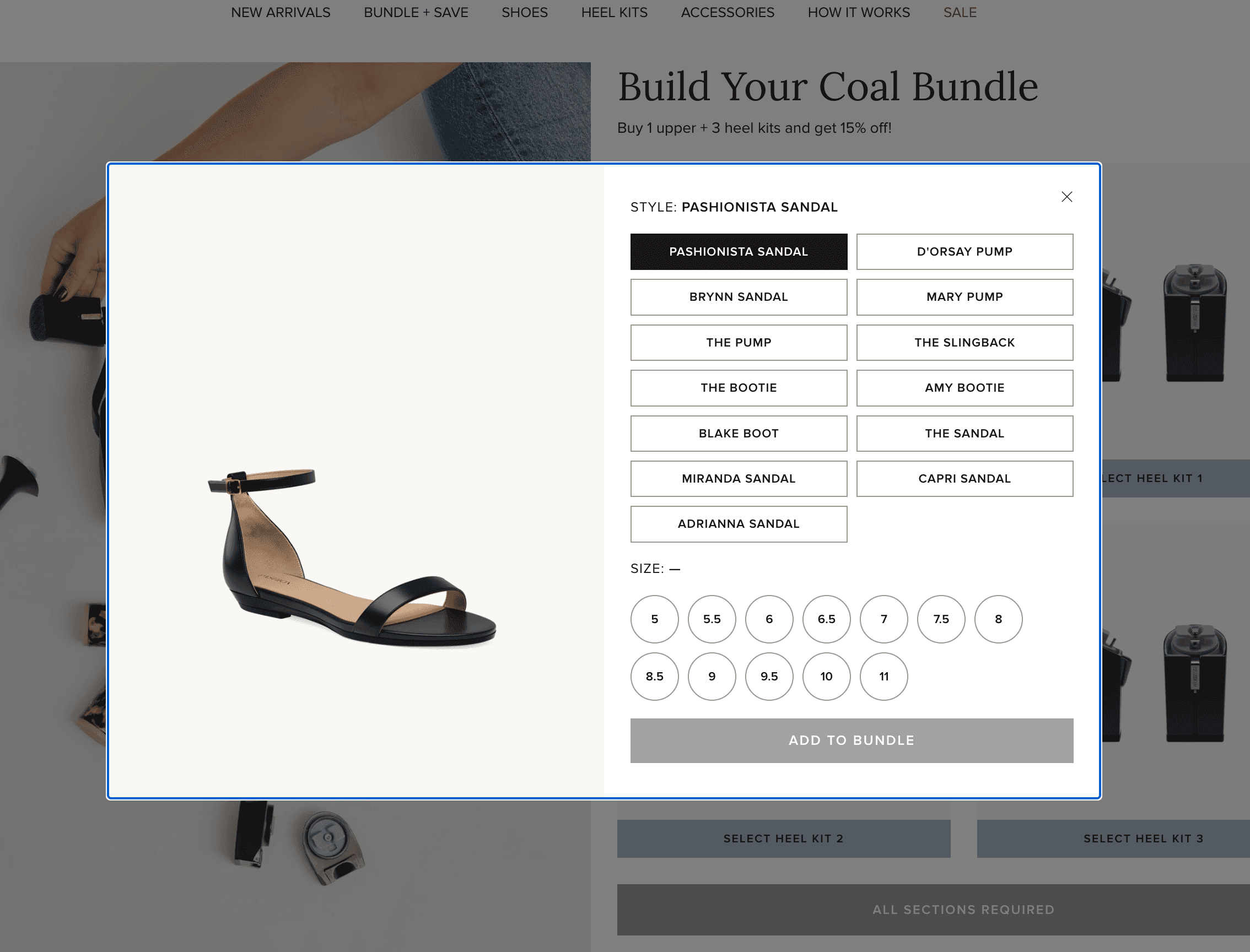 The Coal Bundle's upper picker: the Pashionista Sandal selected from thirteen styles, with sizes 5 to 11 and the chosen upper shown on the left