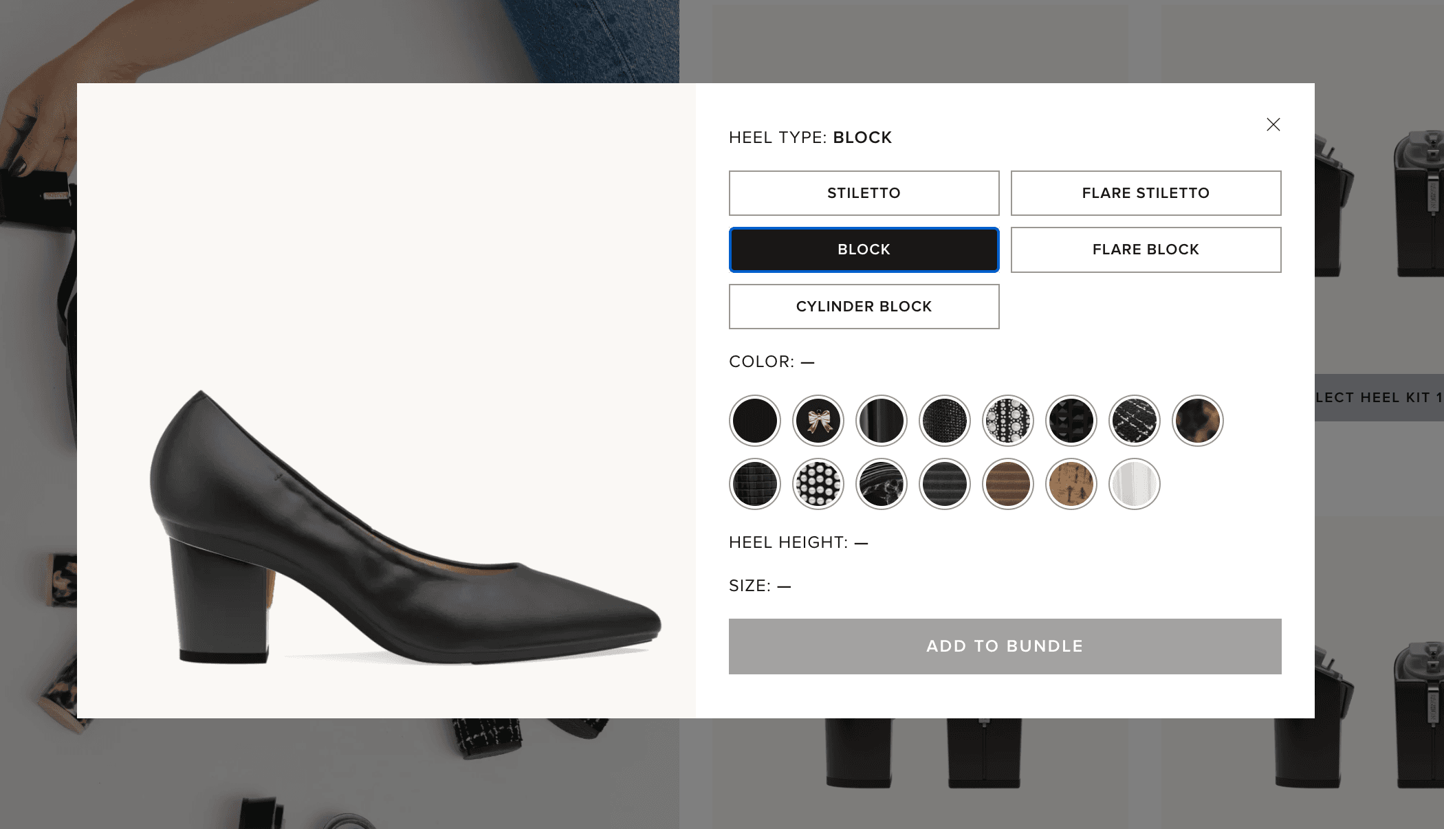 The Coal Bundle's heel kit picker: Block selected from five heel types, with fifteen colors and finishes, and the shoe rendered on the chosen heel