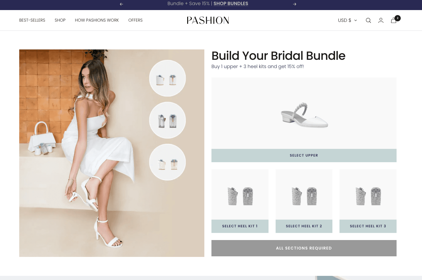 Pashion's Build Your Bridal Bundle, one of the new bundle offerings added after launch, on their Shopify storefront