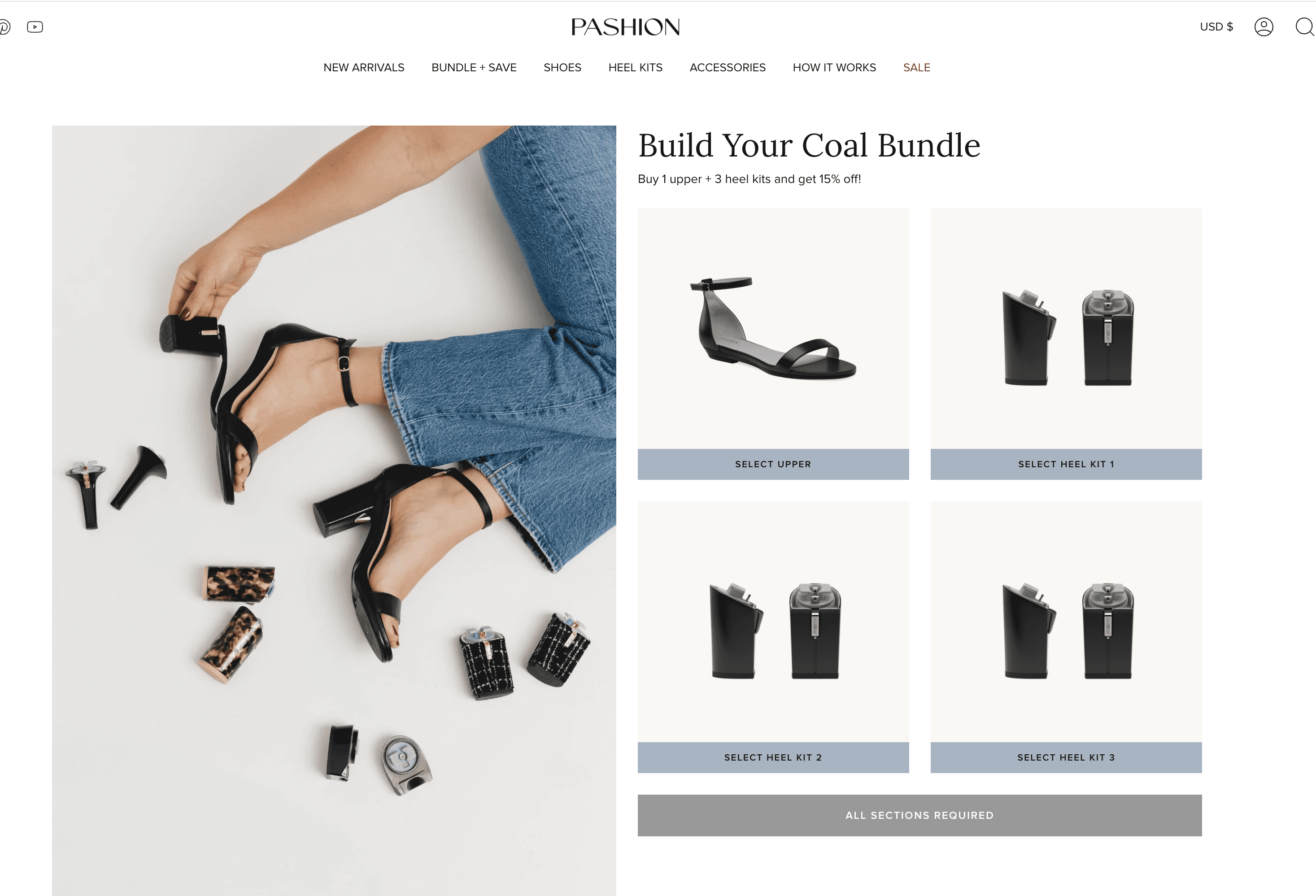 Pashion Footwear's Build Your Coal Bundle page: a lifestyle photo of convertible heels with loose heel kits, and slots to select an upper and three heel kits, with buy 1 upper and 3 heel kits to get 15% off