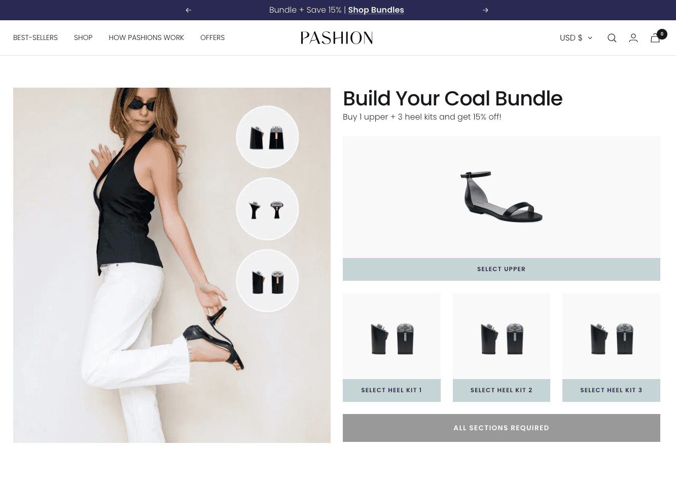 Pashion Footwear's Build Your Coal Bundle builder on their Shopify storefront, showing the convertible heel customizer alongside add-on selections