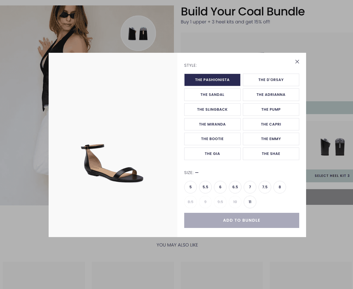 Pashion's Customizer inside the bundle flow: a shopper picks a shoe style and size while the selected heel renders live
