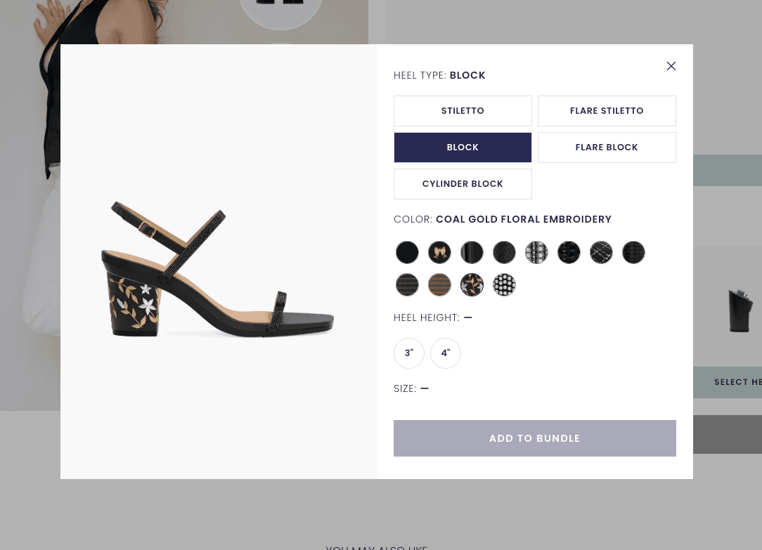 The Customizer rendering a Coal Gold Floral Embroidery block heel as the shopper selects heel type, color, and height for their bundle