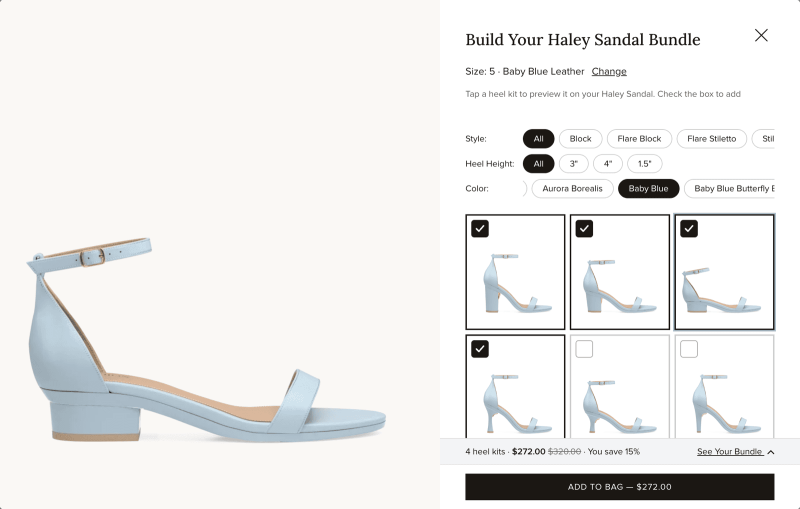 Pashion's Build Your Haley Sandal Bundle builder in Baby Blue Leather: the upper on the left, and a grid of heel kits filtered to Baby Blue on the right, with four kits checked for $272.00, saving 15%