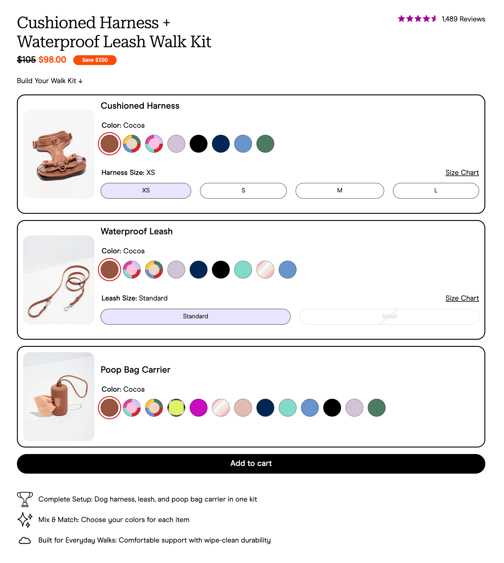 Wild One's Cushioned Harness + Waterproof Leash Walk Kit, with separate color and size pickers for the harness, leash, and poop bag carrier
