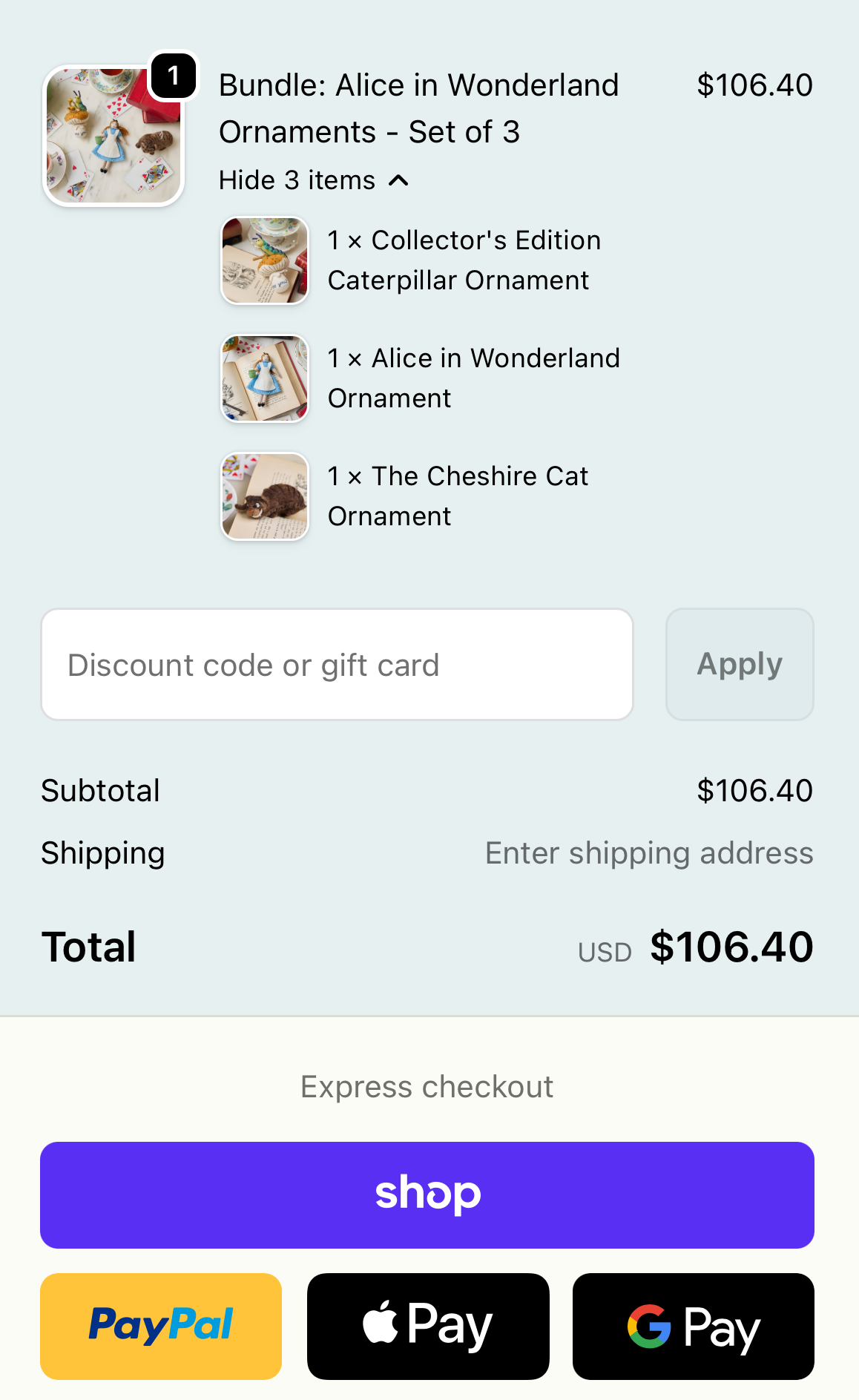 Checkout screen with the Alice in Wonderland bundle from Instagram