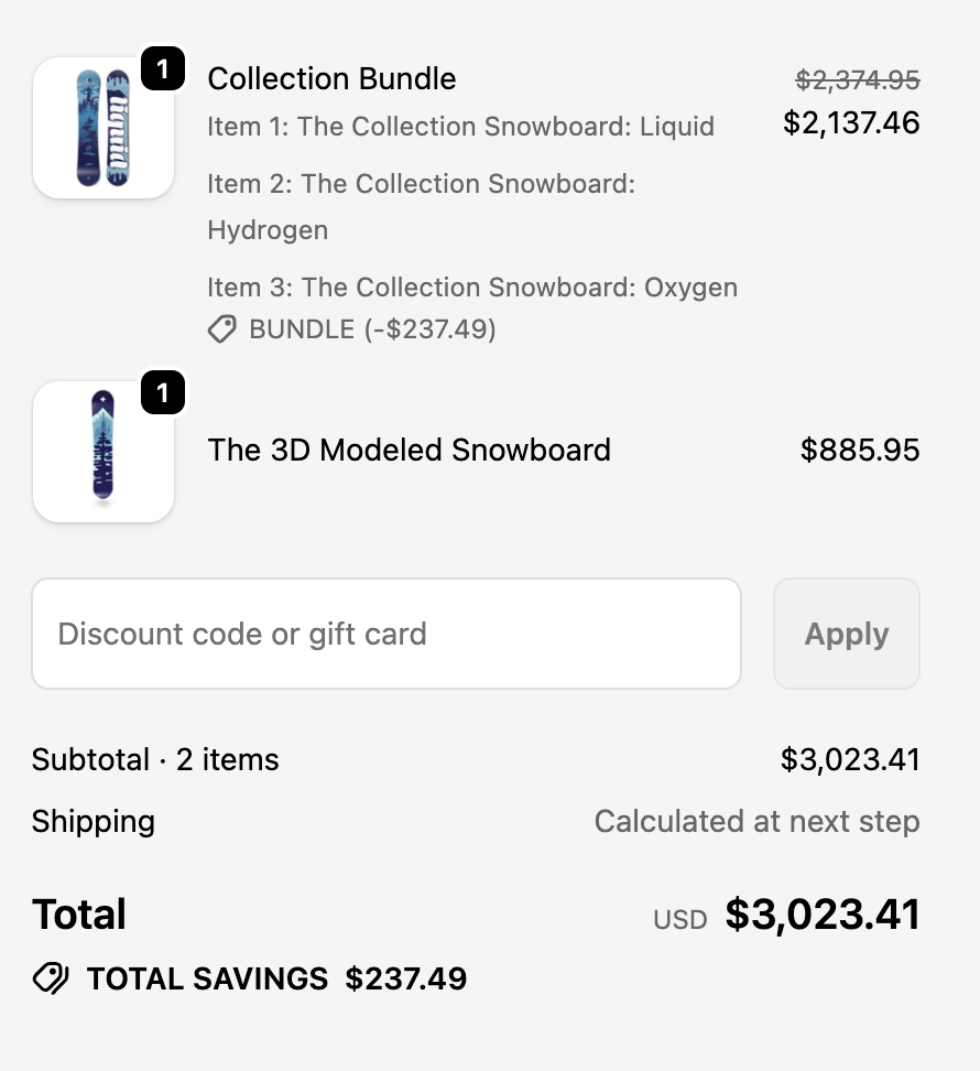 Inventory sync bundle showing single product in cart with fixed pricing and component details in line item properties